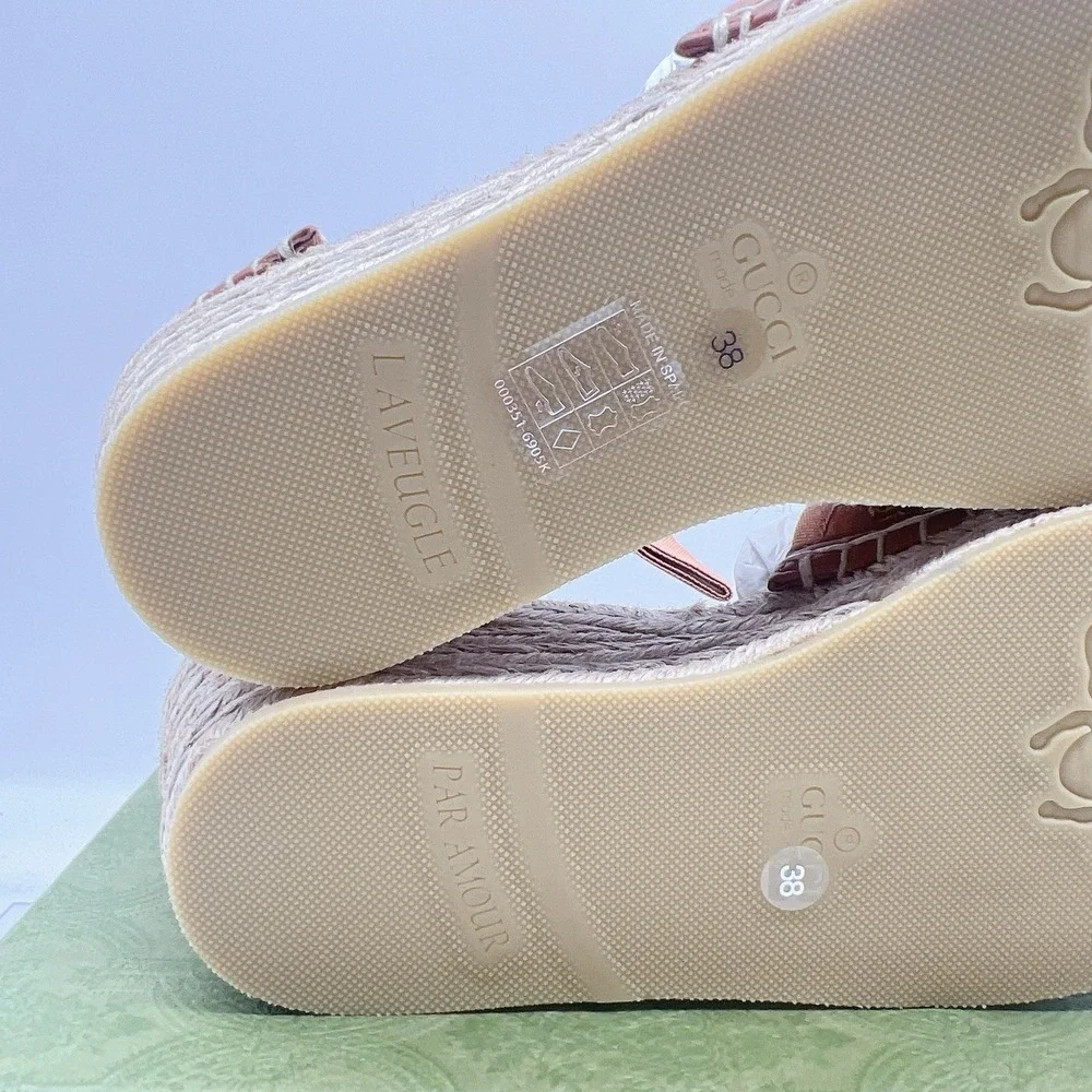 Gucci GG Damita Espadrille Wedge Sandal Eyelet Canvas Cognac Brown EU 38 US 8